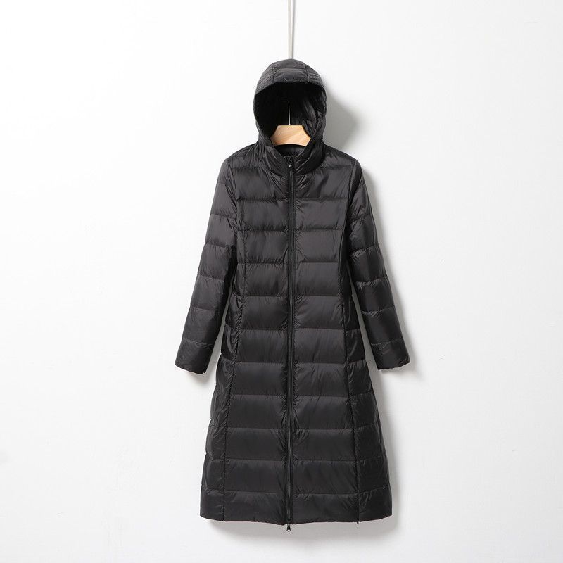 新款冬季保暖轻薄中长款纯色连帽羽绒服