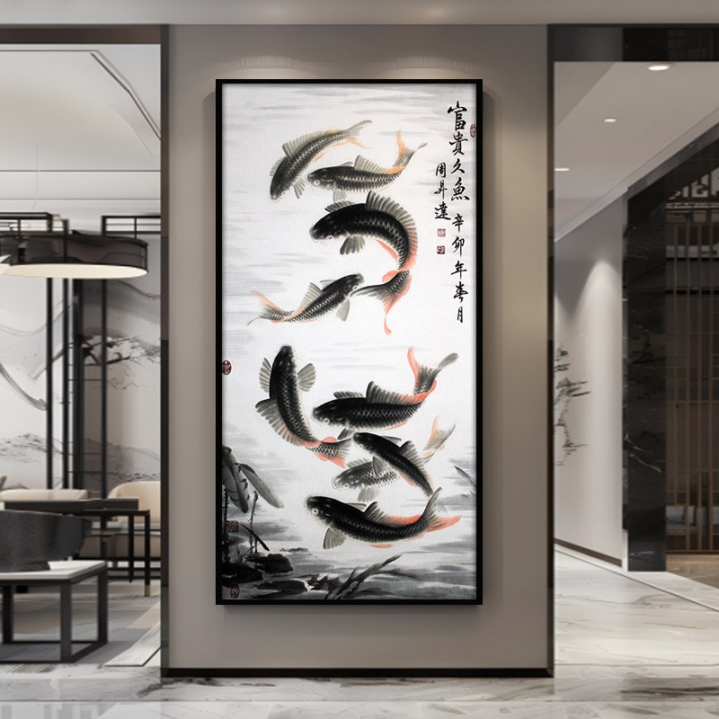 富贵九鱼图黑色鲤鱼挂画客t厅玄关过道装饰画招财九条鱼年年壁画