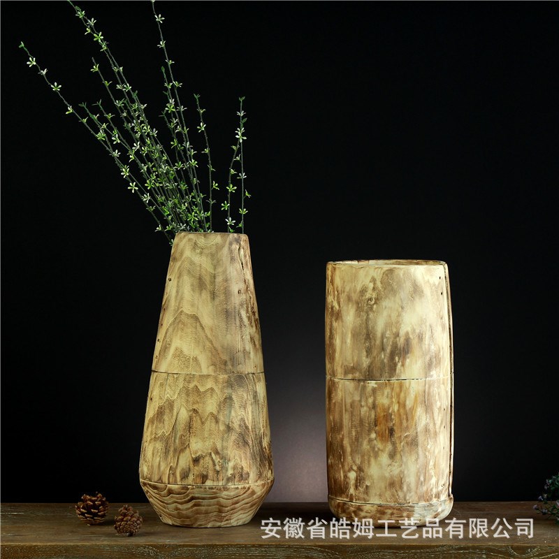 手工制作木质工艺花瓶花盆v花桶花艺干花插花花器居家装饰器皿