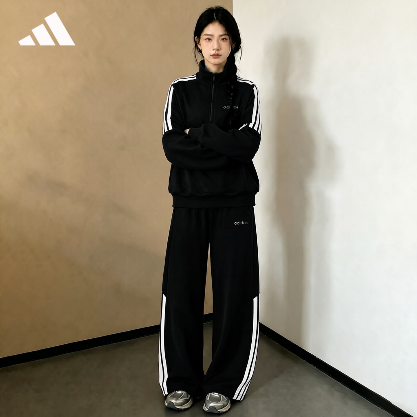 adidas阿迪达斯休闲运动服套装百搭三道杠女新款卫衣阔腿裤两件套
