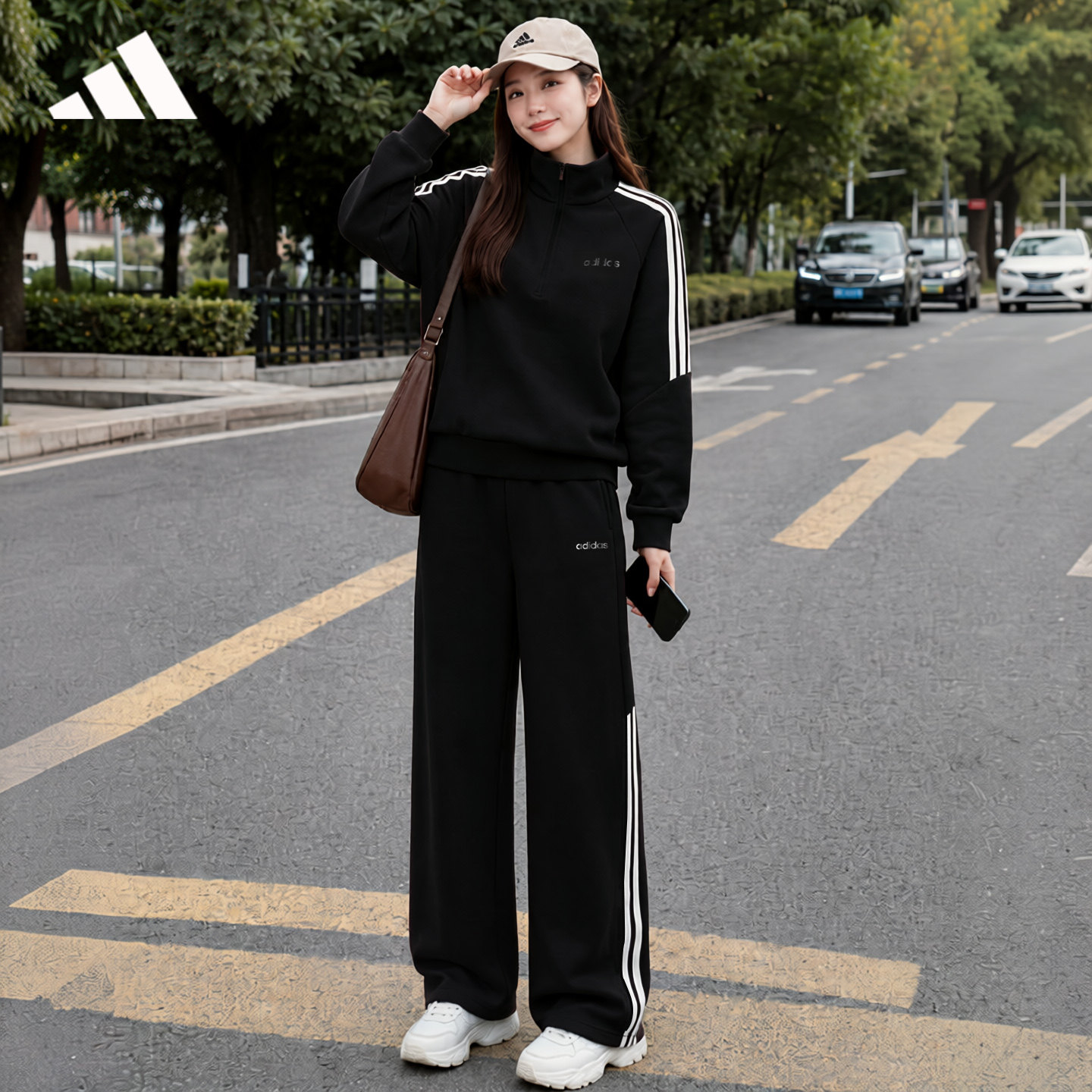 adidas阿迪达斯休闲运动服套装百搭三道杠女新款卫衣阔腿裤两件套