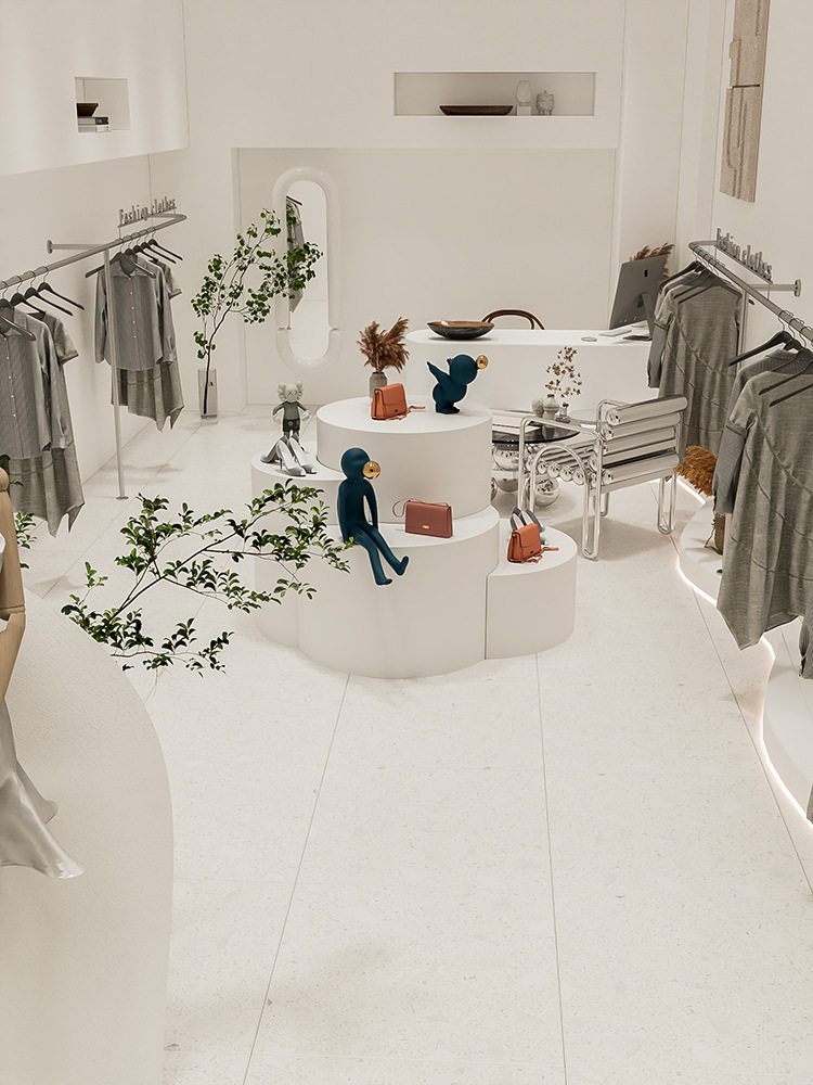 圆形柱子包围造型中岛展台 服装店软装橱窗装饰落地高低异性展台