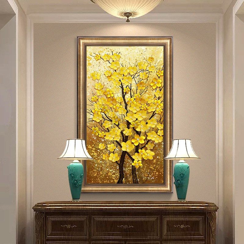 现代简约轻奢玄关装饰画美式发财树过G道挂画油画壁画复古防水竖