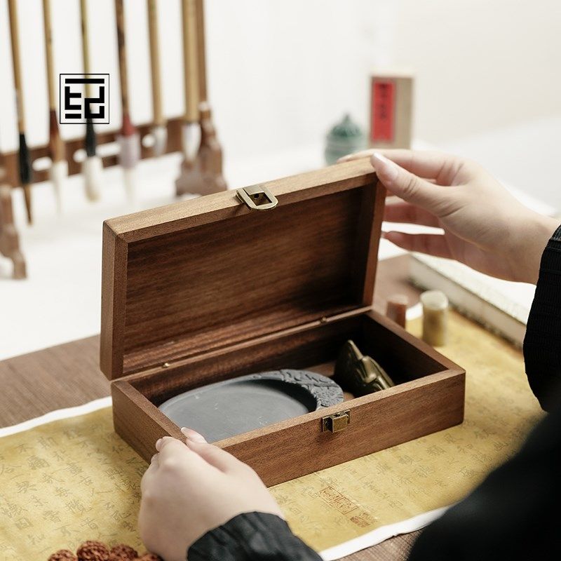 复古实木带锁扣首面室纳盒茶收文房文玩桌饰迷你木箱长方形收藏盒