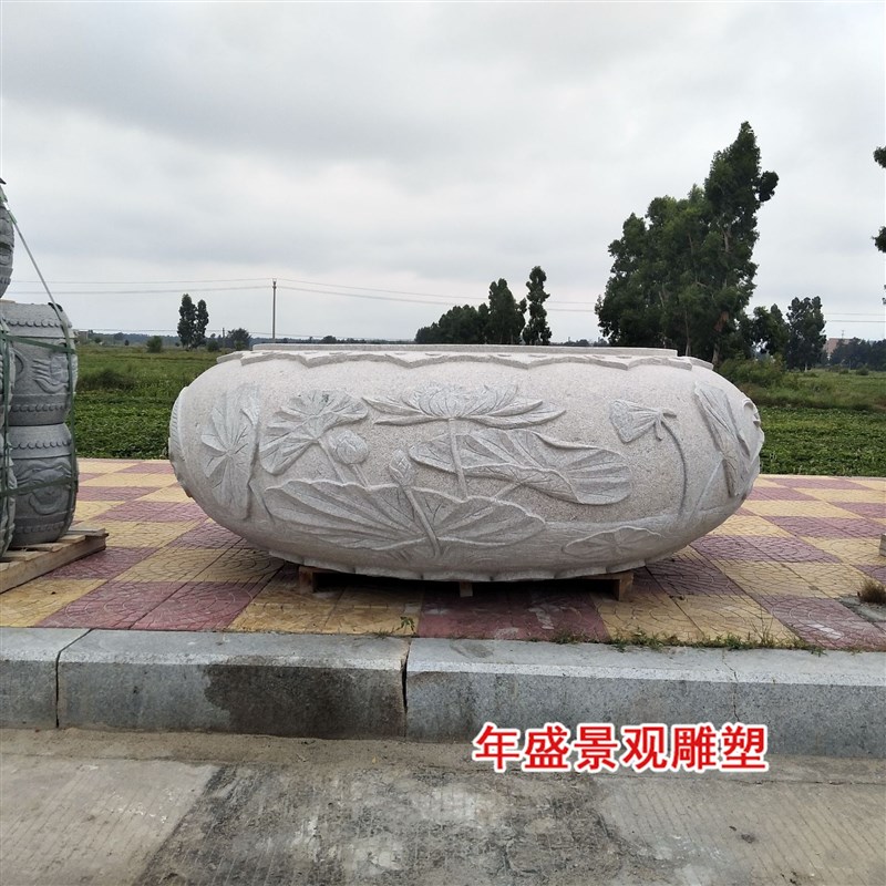 仿古雕刻石头鱼j缸 园林古建芝麻白大花盆 石雕老物件雕花水缸