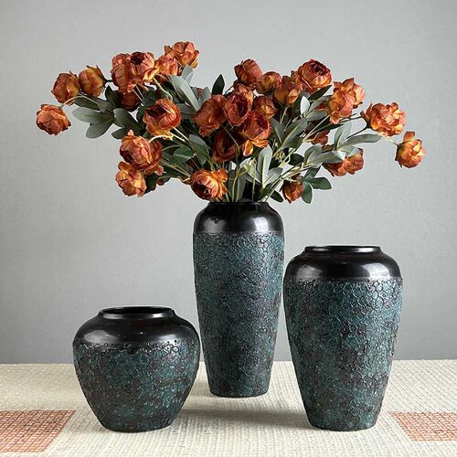 镇德摆陶瓷复古花瓶景件客厅插花中式陶罐高级感家居饰品仿真花艺