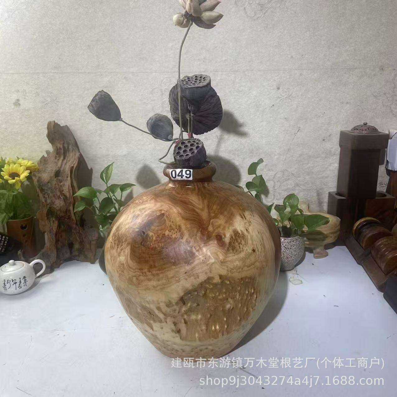 家用酒店装饰摆件花瓶根雕民宿客厅中式榴花酒坛工艺品手工根雕