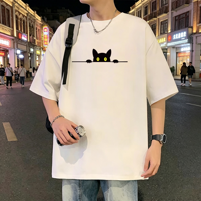 潮牌复古重磅纯棉短袖T恤情侣宽松不透休闲印花黑白色半袖落肩T恤