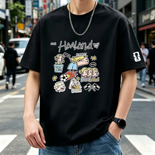 哈兰德搞笑卡通表情包短袖抽象夏季T恤男女休闲百搭宽松圆领上衣
