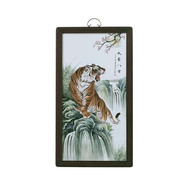 高端瓷板画景德镇山水花鸟牡丹荷花实木框客厅装饰新中式仿古壁画