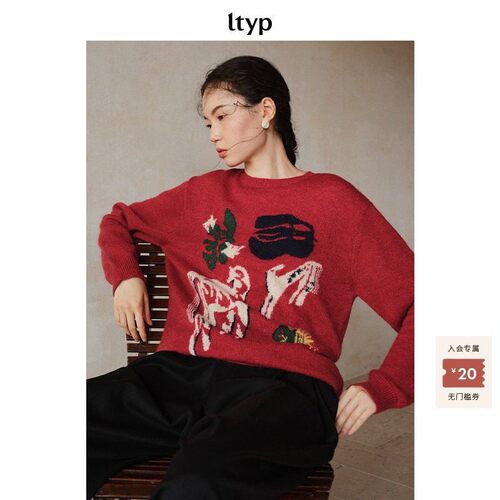 ltyp羊毛马海毛艺术抽象毛衣马年生肖红色针织衫女春季