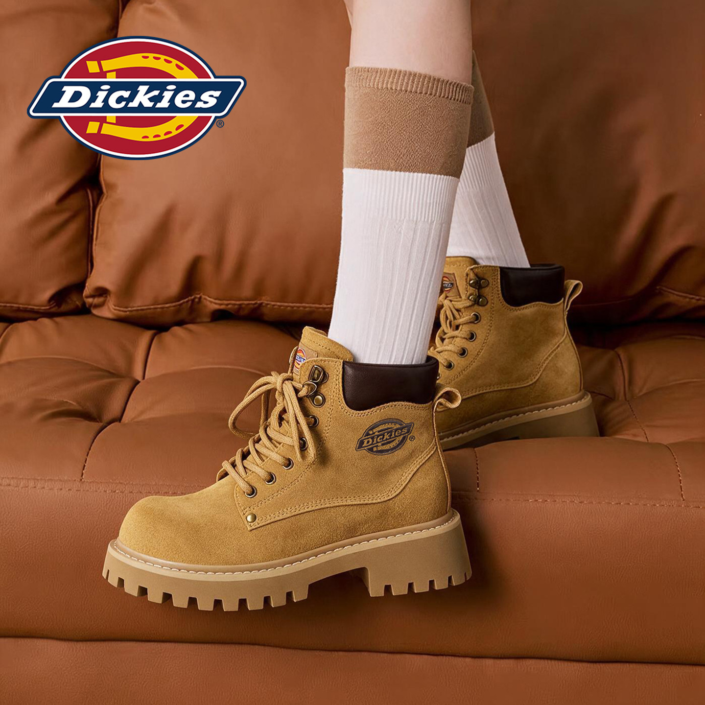 Dickies复古大黄靴女秋款户外耐磨工装靴厚底增高显瘦系带马丁靴