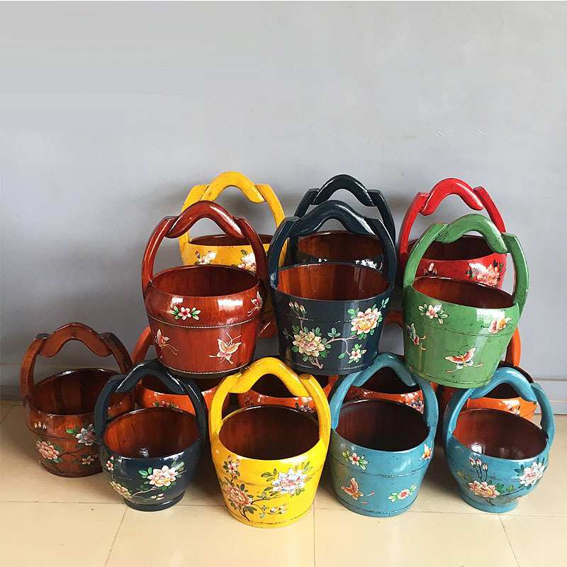 满意家具明清古典新中式仿古实木彩绘摆设工艺品装饰木桶个性饰品