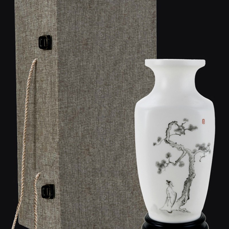 羊脂玉陶瓷手f绘四方瓶花瓶摆件 客厅插花中式古典家居装饰品