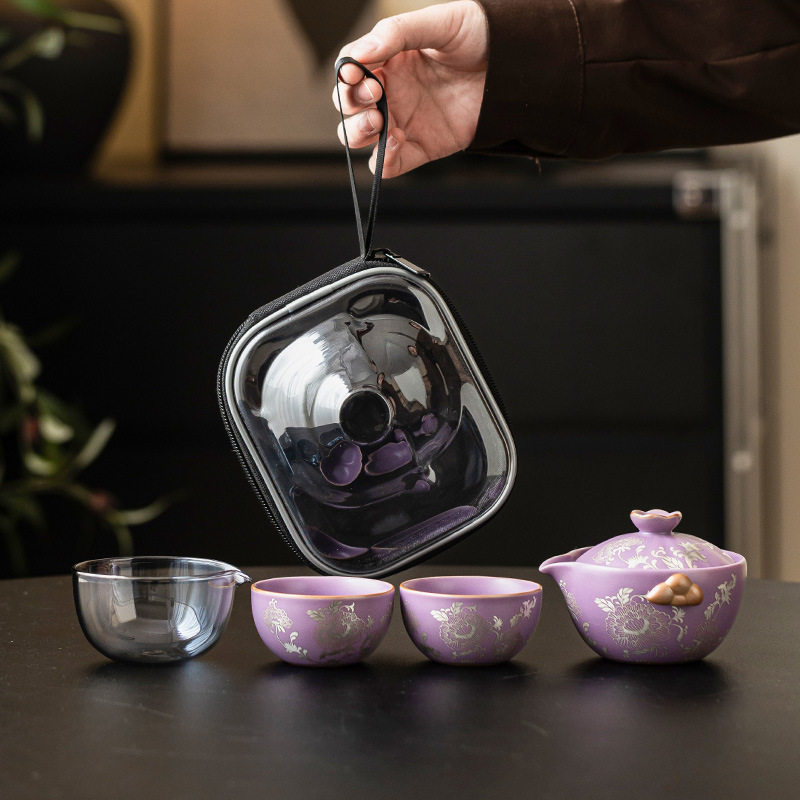 厂家描银牡丹旅行茶具套装小套功夫便携式快客杯茶壶茶杯一壶二杯