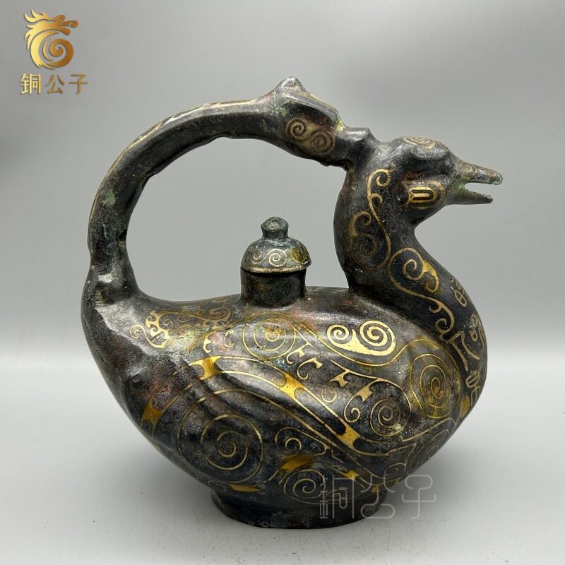 仿古青铜器错金摆件带盖鸭子壶仿古董文玩摆件古玩做旧物件铜器