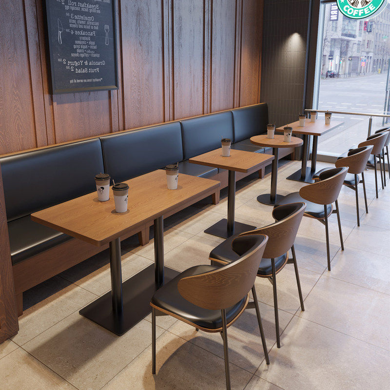 西餐厅茶楼奶茶店卡座沙发转角靠墙餐桌商用烧烤饭店实木桌椅组合