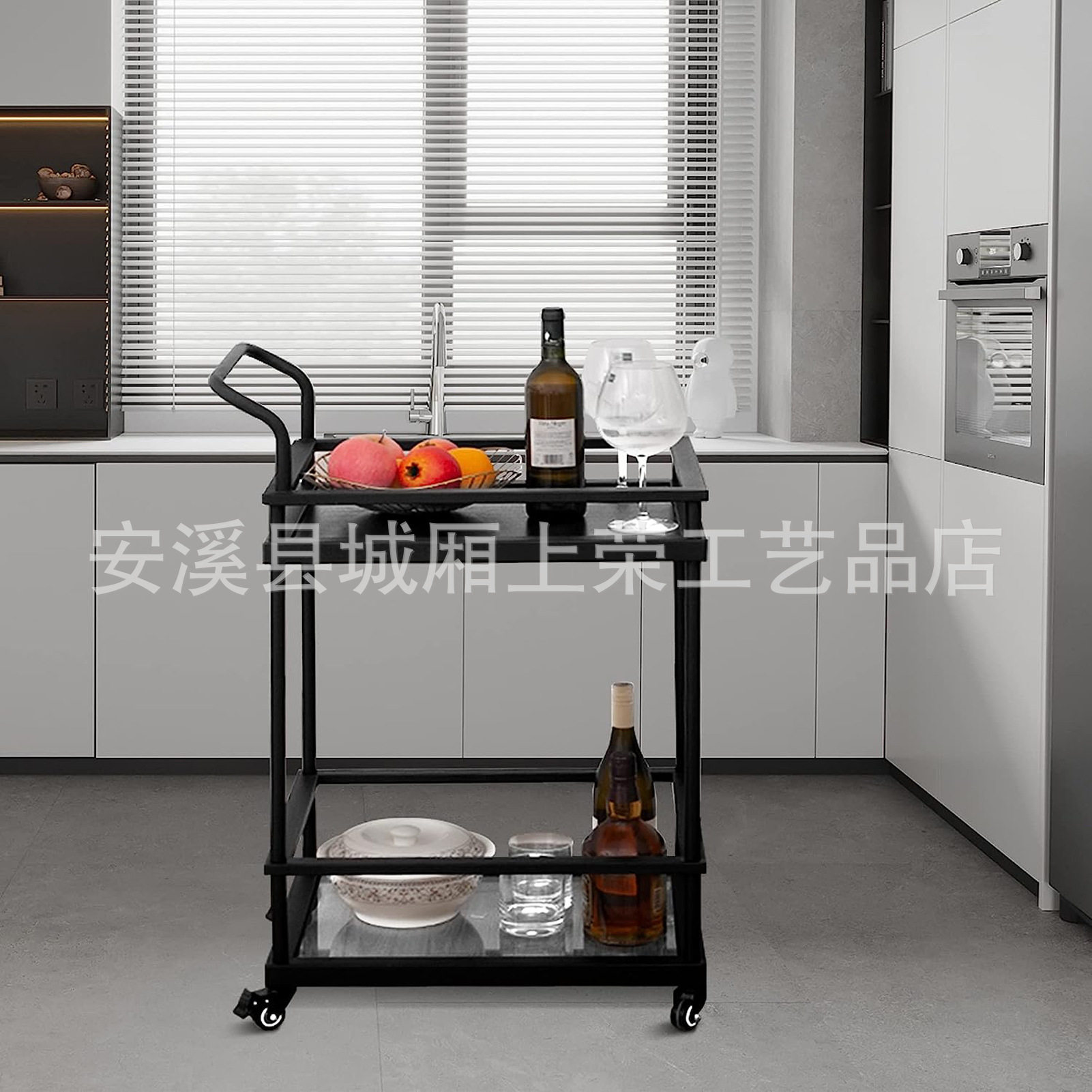 欧式家庭酒水车手推车移动黑色餐车餐边柜茶水车高档小推车置物架
