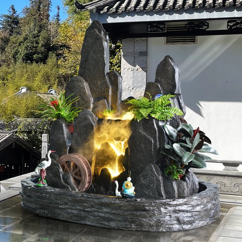 大型室内客厅假山流水喷s泉花园庭院山水景观盆景瀑布入户酒店鱼