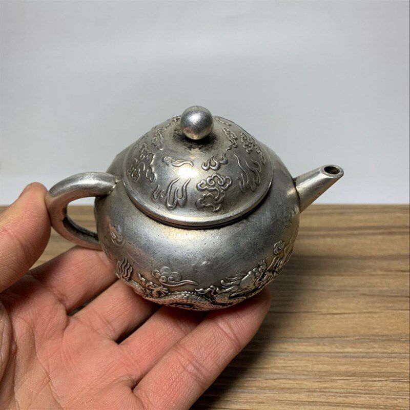 仿古古玩铜器古董杂项 纯铜镀银苗银洪字款龙铜小茶壶老货老物件