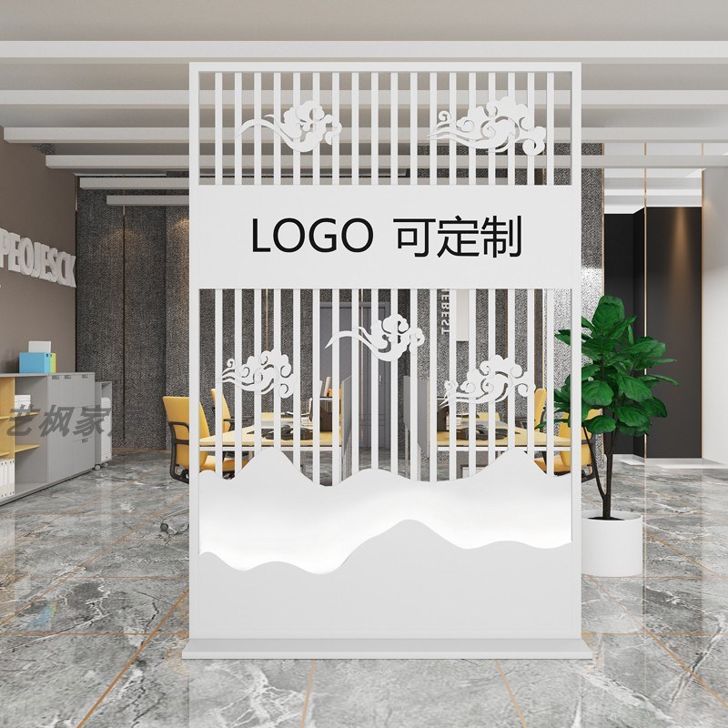 简约现代办公室隔断可p移动背景形象墙公司入户玄关前台玻璃屏风