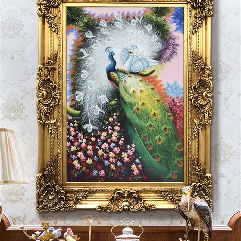 欧式油画玄关挂画新古典美式轻奢走廊尽头装饰画竖V版孔雀高端实