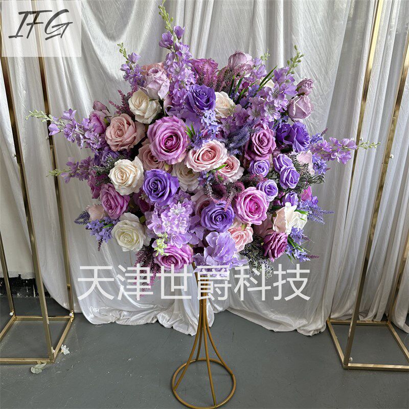 IFG新款婚礼布置仿真烛台花花器装饰桌花O60cm紫色玫瑰花球
