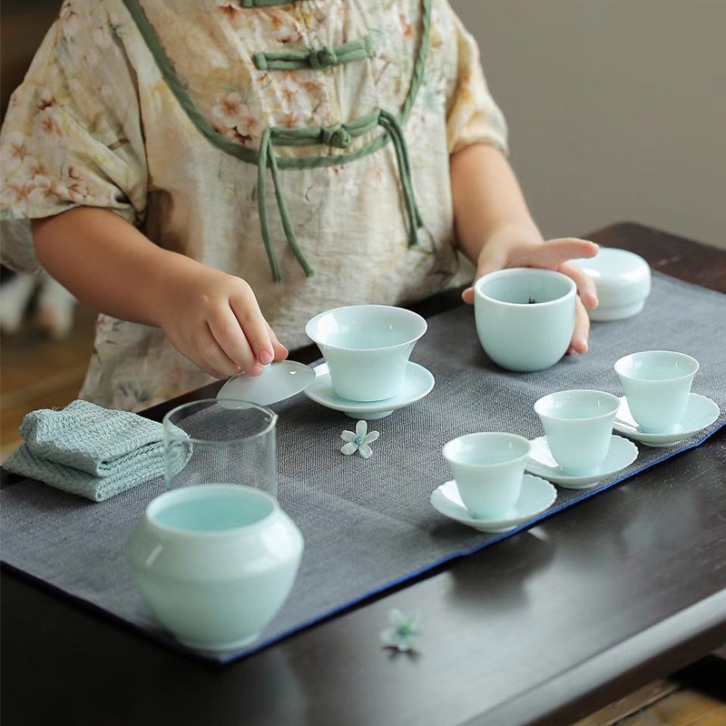 青白瓷少儿茶艺教学套组户外便z携包装陶瓷旅行茶具茶壶盖碗套装