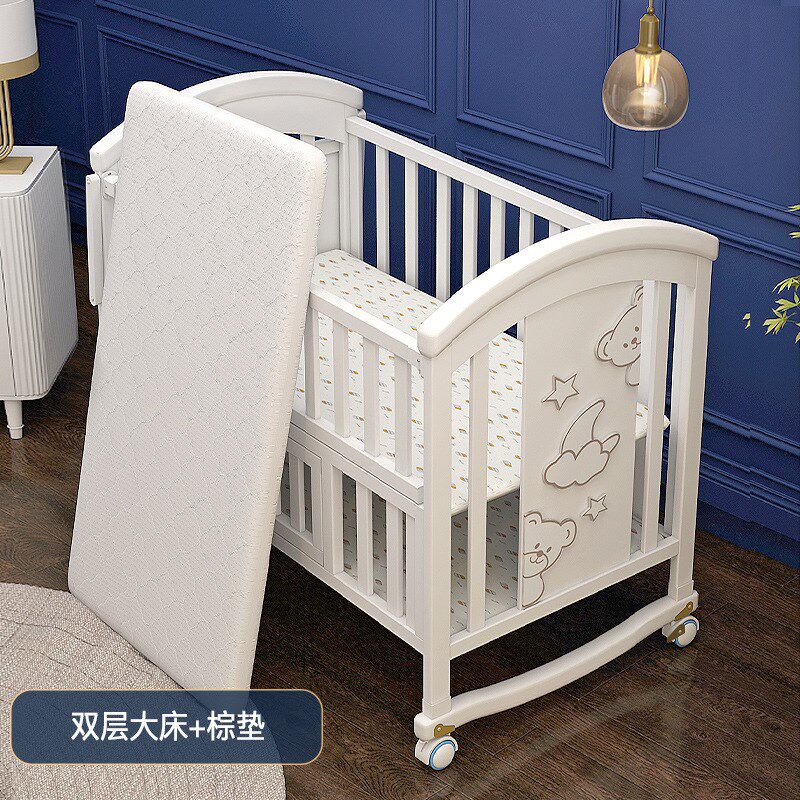 婴儿床实木欧式白色可移动宝宝bb新生I儿多功能摇篮儿童拼接大床
