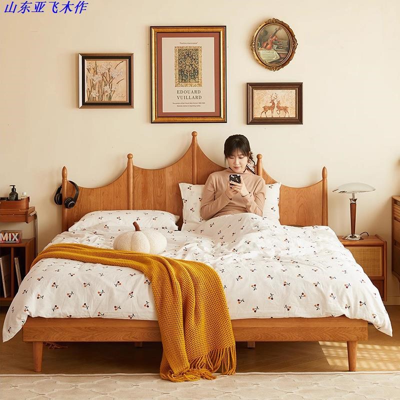 实木双人床樱桃木 儿童床日式复古风原木卧室床小户型Z黑胡桃婚床