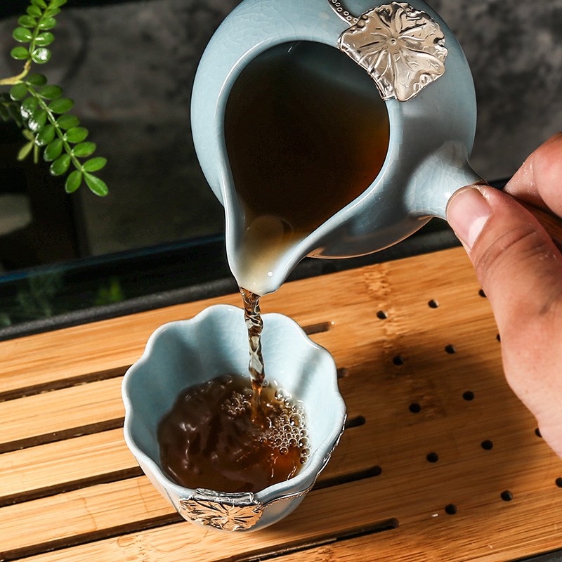 汝窑茶具套装镶银茶具整套银鱼杯开片汝瓷功夫P侧把壶办公陶瓷茶