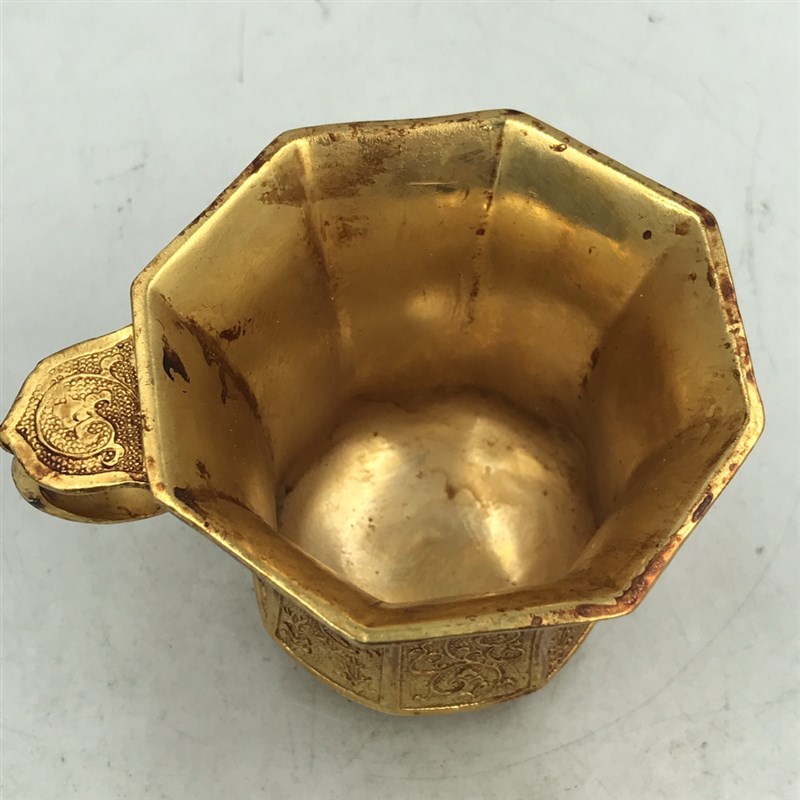 古玩仿古唐代金银器铜鎏银伎乐纹八棱银L杯手工精雕摆件端庄大气