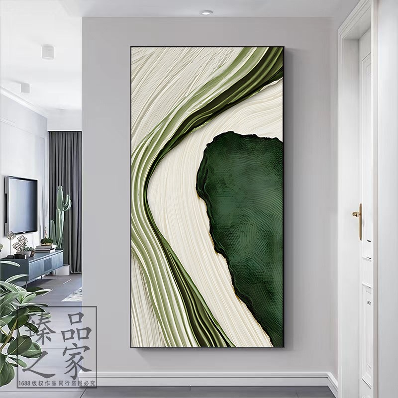 绿色极简玄e关装饰画轻奢走廊手绘油画过道尽头进门挂画砂岩肌理