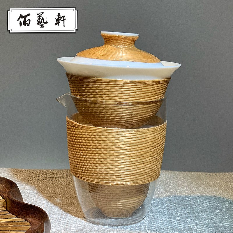 佰艺轩东阳竹编竹丝扣q瓷盖碗瓷胎竹编旅行茶具套组重竹荷叶茶盘