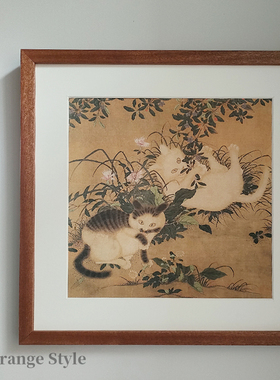 格子桔调 朱瞻基唐苑嬉春图 饰国画动物猫实木装中画客厅书房挂画