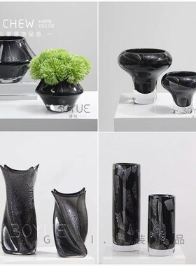 轻花厅简现代玻璃奢瓶黑色琉璃花器样板间售楼处客极玄关家居装饰