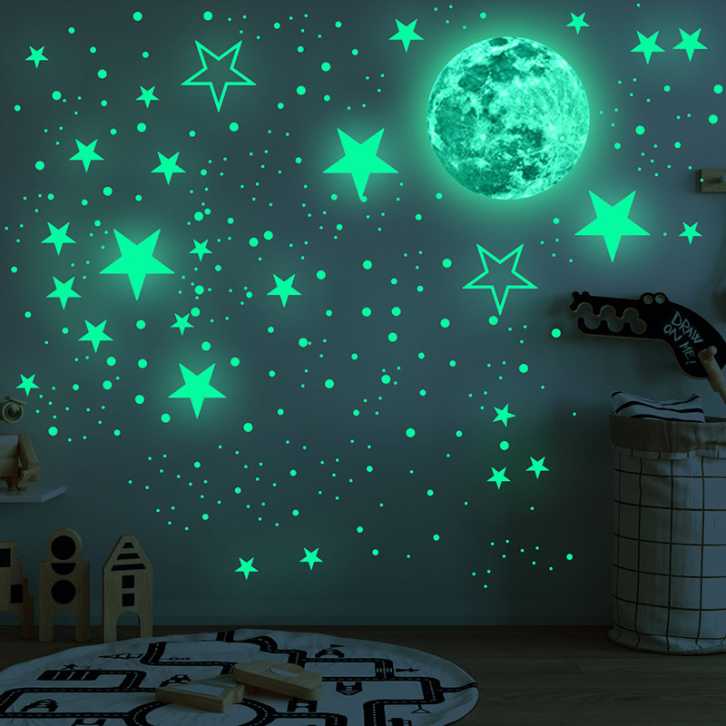 夜光月球发光星星圆点创意荧夜墙贴儿童房装饰光自粘卡通品光贴纸