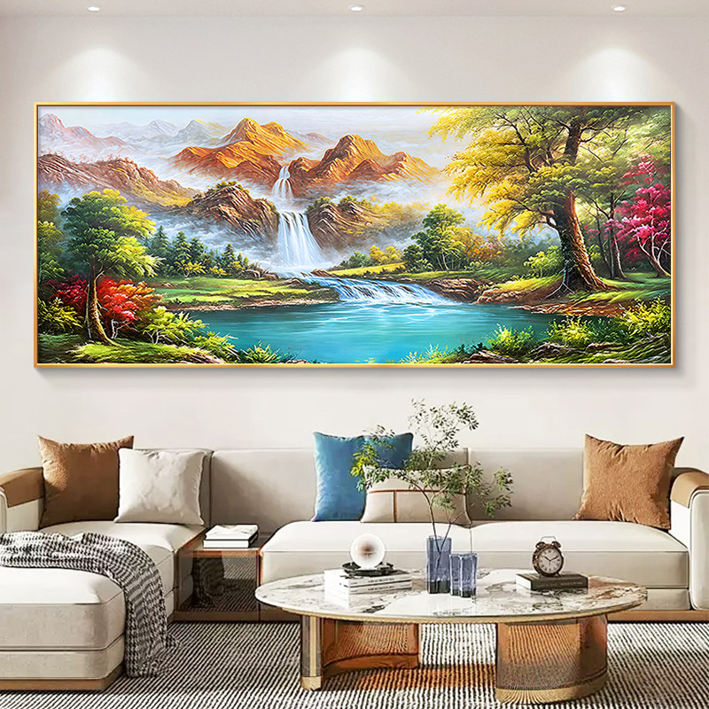 流水生财山水风景景绘油画客厅挂画聚宝盆沙发背手墙装饰画高级感