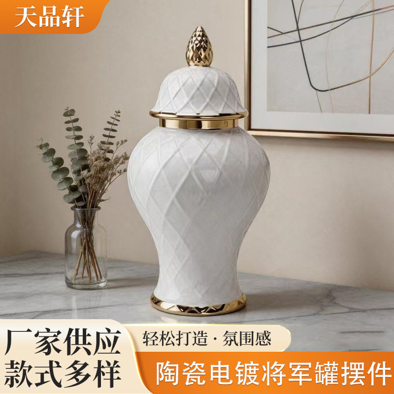 陶瓷电镀将军罐欧式花插花瓶摆件玄关软装装饰储物罐手工鲜花干花