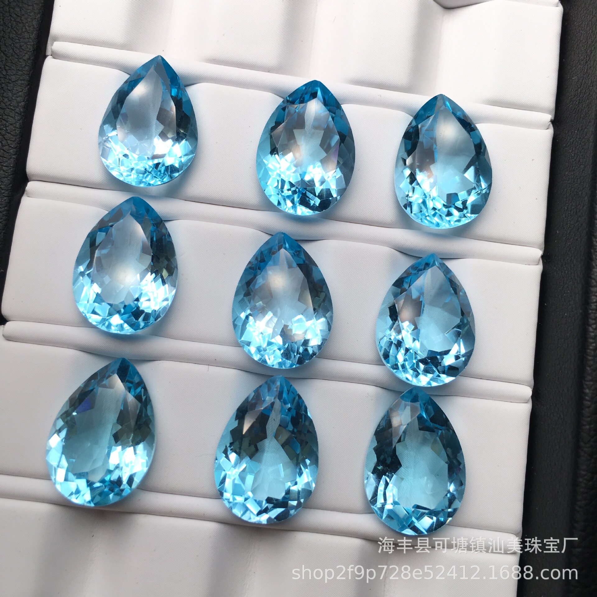 天然蓝托帕石戒面裸石水滴形全净体托帕石裸石厂家批发