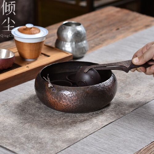 质感紫铜茶洗 小蜗牛纯铜建水 日式水盂手工锤纹复古笔洗茶废水缸