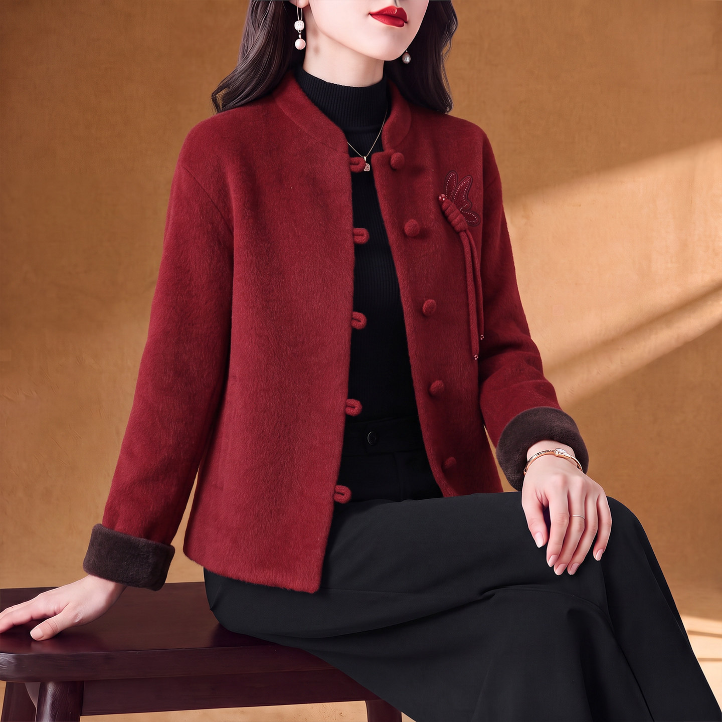 双面呢红色短款大衣女2026新款冬装中年妈妈洋气贵妇高端毛呢外套