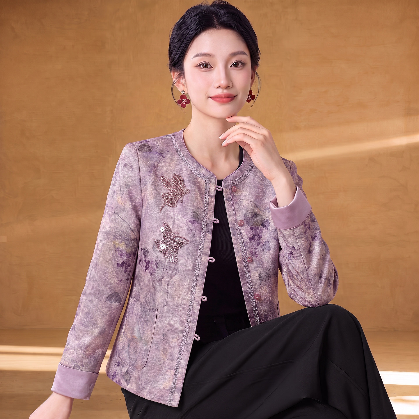 新中式国风紫色外套女款秋2026新款今年流行爆款唐装妈妈修身上衣