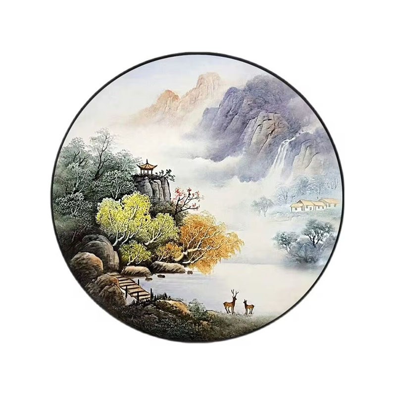 手绘油画新中式j山水风景客厅装饰画手工圆形餐厅玄关壁画流水生