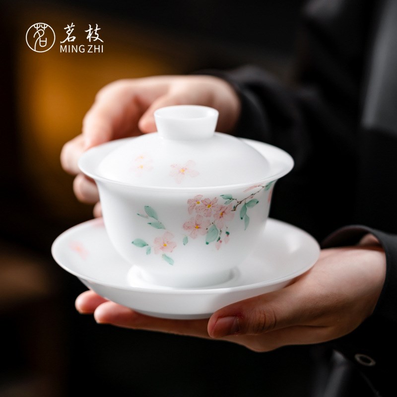 茗枝 冰种玉瓷蔷薇高t端手绘三才盖碗单个陶瓷茶具家用泡茶碗