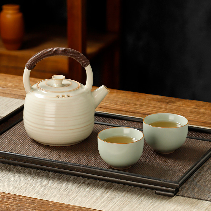 苏打釉煮茶壶日式家用陶瓷炭火烧水壶泡茶提梁壶一壶两杯围炉煮茶