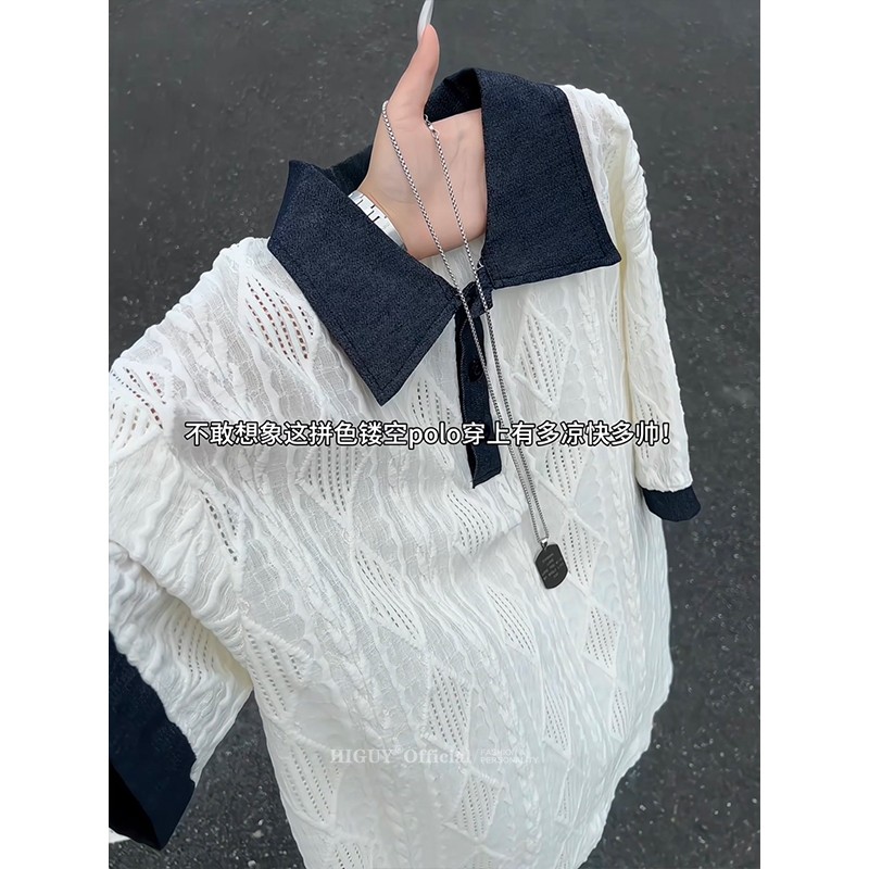 美式纯欲风肌理拼接polo衫男款图片