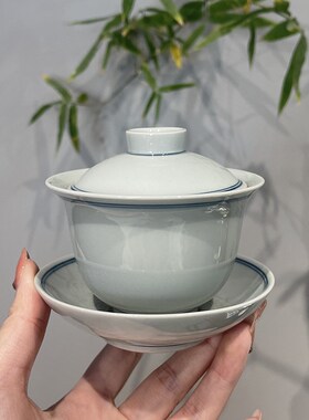 惊蛰仿古青手绘双线三才盖碗茶杯小号手工茶碗功夫茶具单个泡茶器