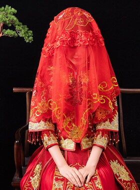 高档红盖头结婚中式刺绣新款半透明流苏古风纱新娘秀禾蕾丝蒙头红