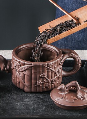 紫砂壶大容量宽口三友壶朱泥手工浮雕茶壶泡茶器功夫茶具茶杯套装